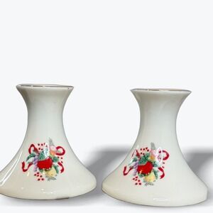 Vintage Cranberry Hill‎ Porcelain Christmas Candle Holders Pair Gold Trim Japan
